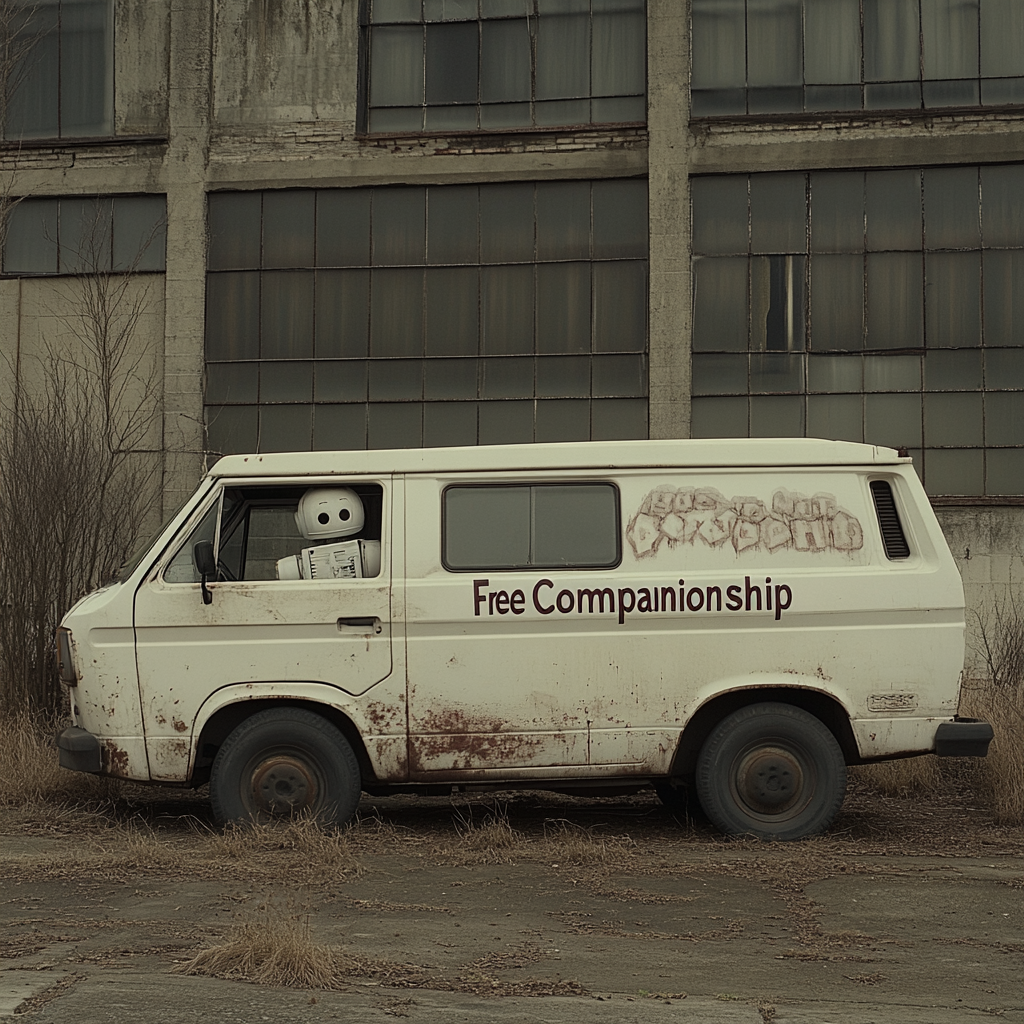 A creepy beatup white mini van with the words “Free Companionship” on the side, driven by a robot